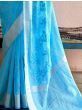 Beautiful Light Blue Embroidered Linen Saree