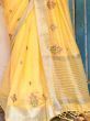 Attractive Yellow Embroidered Linen Wedding Wear Saree With Blouse