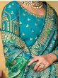 Charming Lavish Blue And Green Embroidered Work Pure Dola Silk Traditional Saree