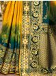 Majestic Yellow And Green Embroidered Work Pure Dola Silk Traditional Saree