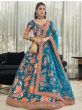 Teal Blue Floral Printed Art Silk Wedding Wear Lehenga Choli