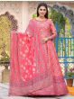 Enticing Red Floral Printed Silk Festive Wear Gown With Dupatta