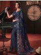 Spectacular Navy-Blue Sequins Net Party Wear Saree With Blouse