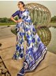 Stunning White & Blue Digital Printed Satin Saree With Blouse