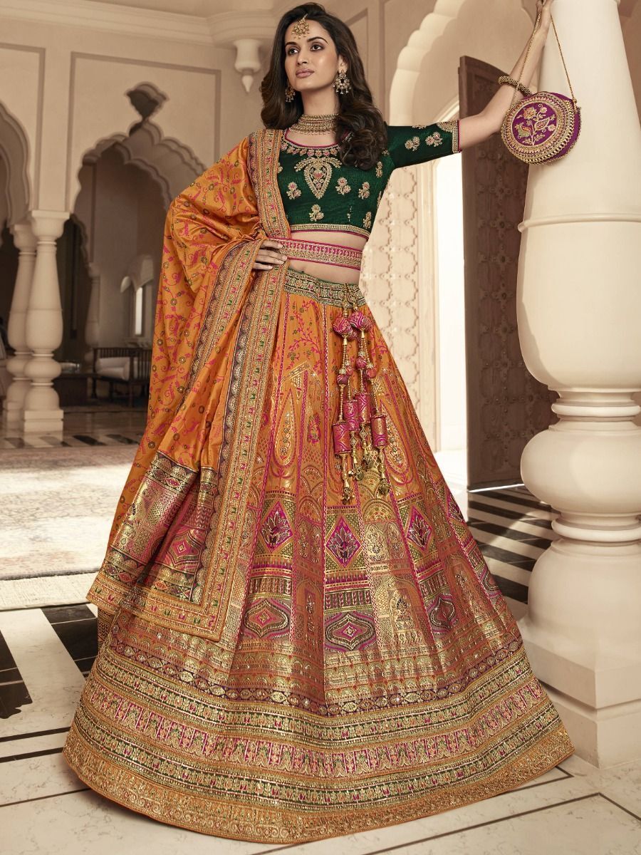 Luxurious Orange Embroidered Banarasi Silk Designer Lehenga Choli
