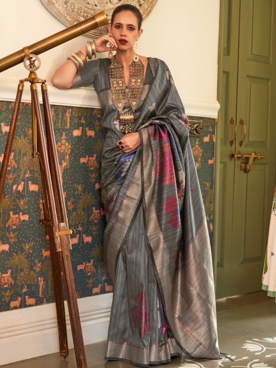 Graceful Grey Zari Weaving Silk Wedding Wear Saree With Blouse