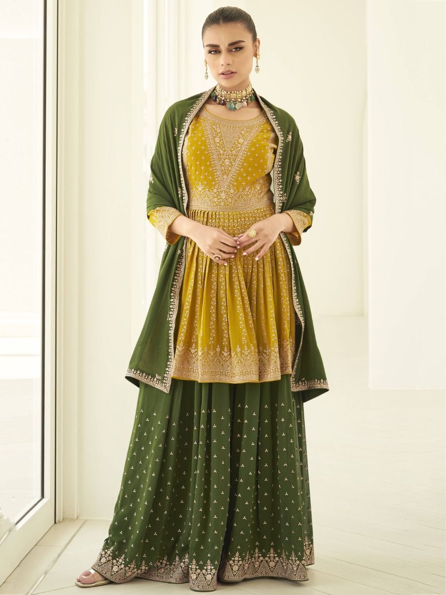 Fascinating Yellow Embroidered Georgette Traditional Palazzo Suit
