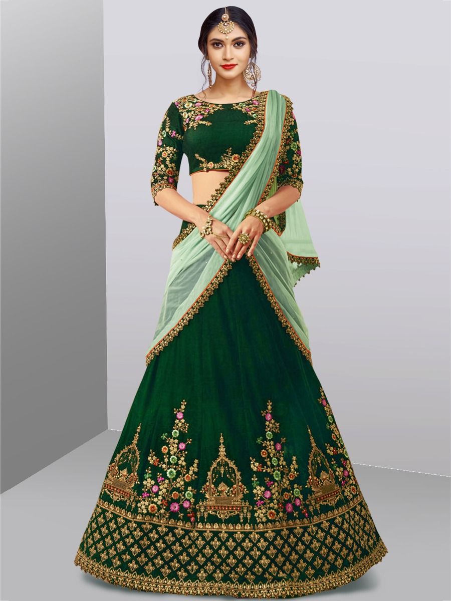 Dazzling Dark Green Colored Party Wear Embroidered Lehenga Choli
