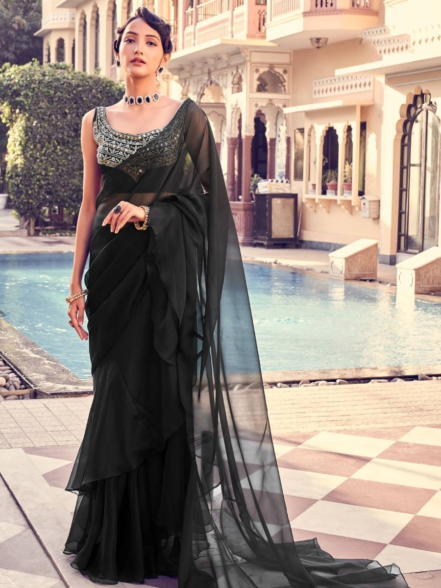Inviting Black Sequins Work Georgette Party Wear Saree With Blouse