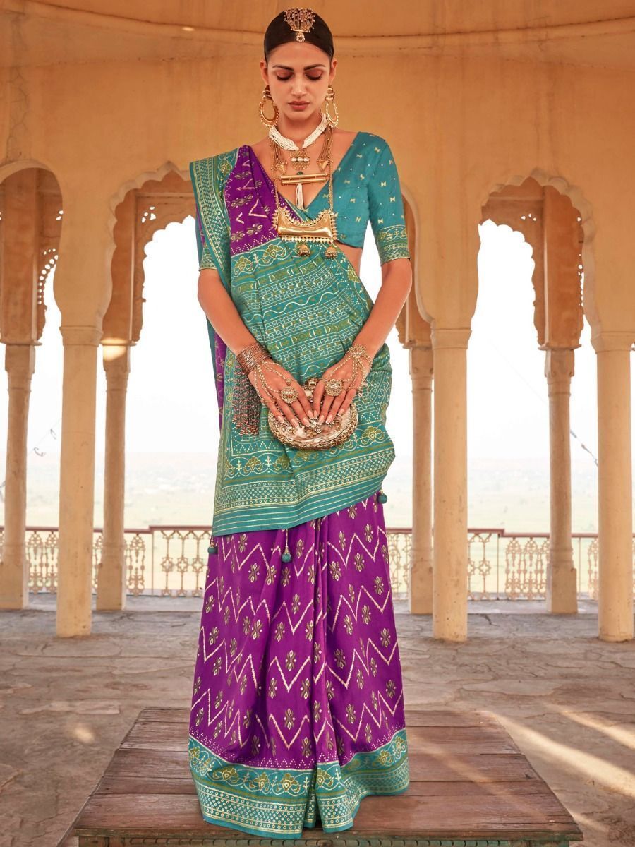 Fabulous Purple Printed Silk Festival Wear Saree