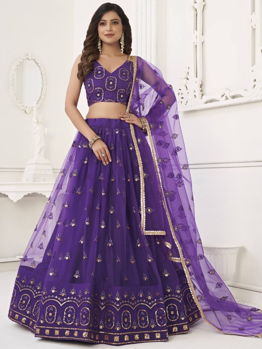 Bewitching Purple Sequins Net Sangeet Wear Lehenga Choli
