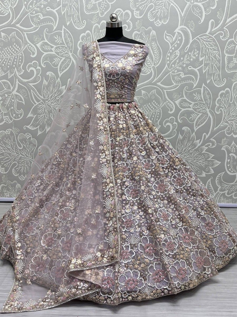 Wonderful Lavender Sequins Net Bridal Lehenga Choli With Dupatta