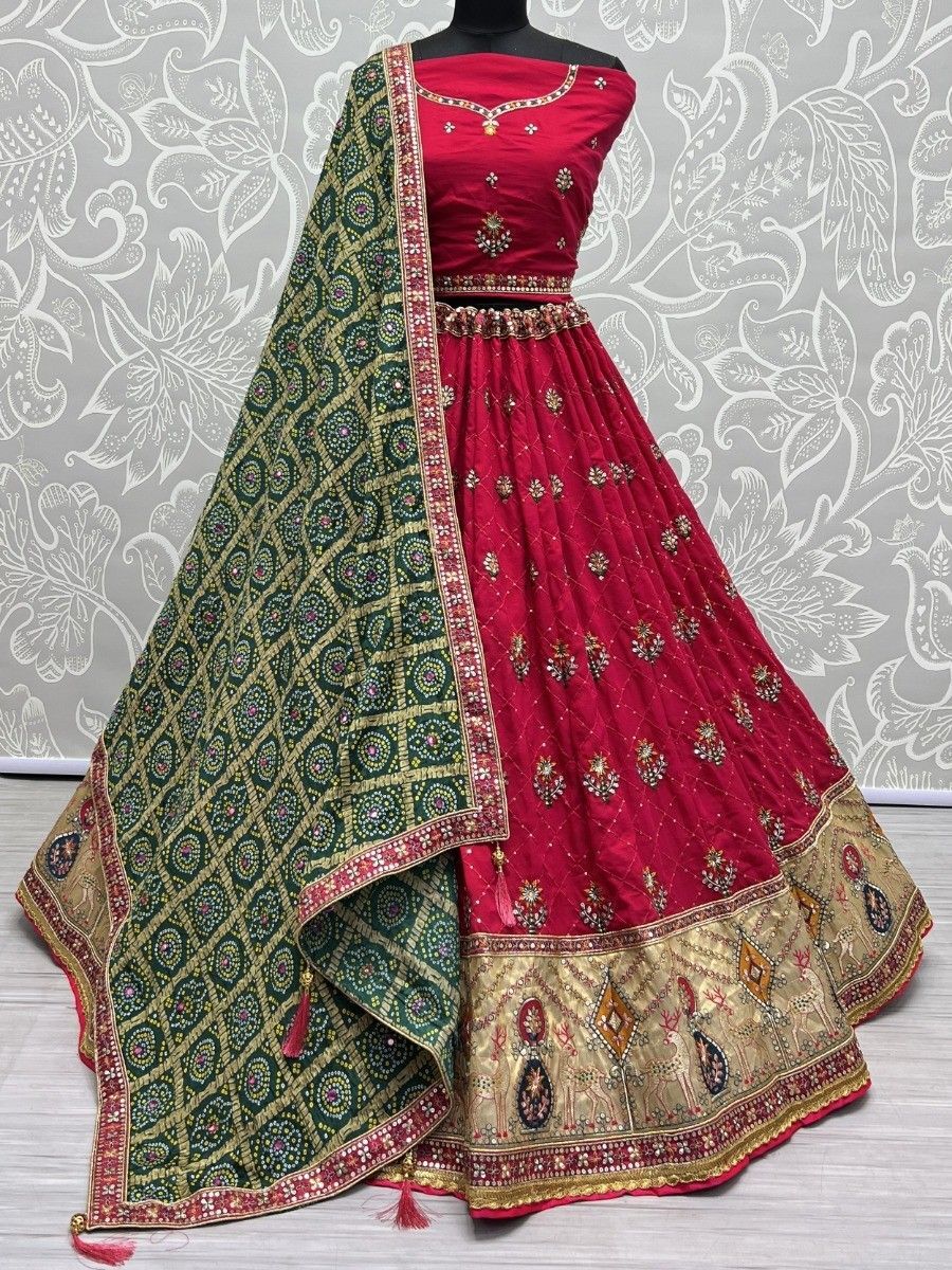 Beauteous Rani Pink Sequins Silk Lehenga Choli With Bandhani Dupatta