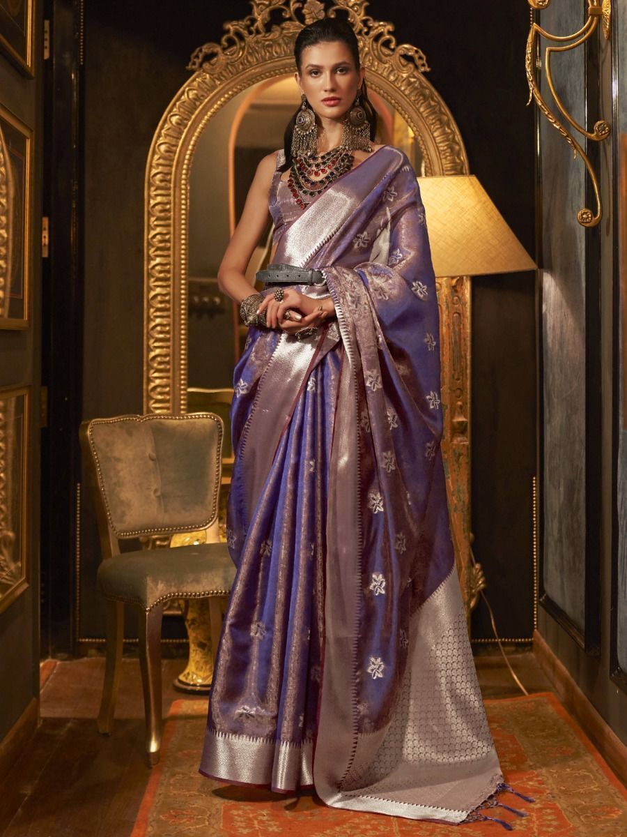 Gorgeous Purple Zari Weaving Organza Party Wear Saree