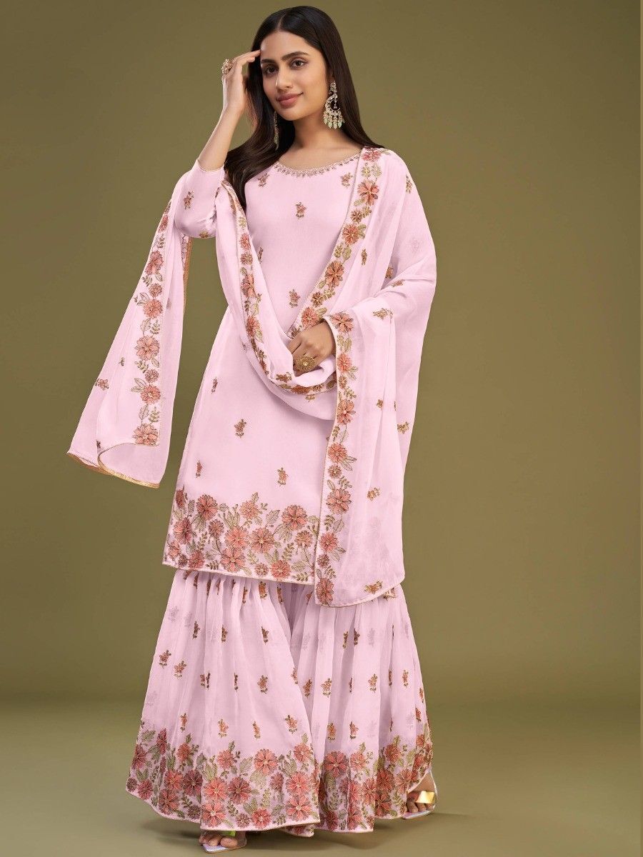Alluring Pink Embroidered Georgette Party Wear Sharara Suits