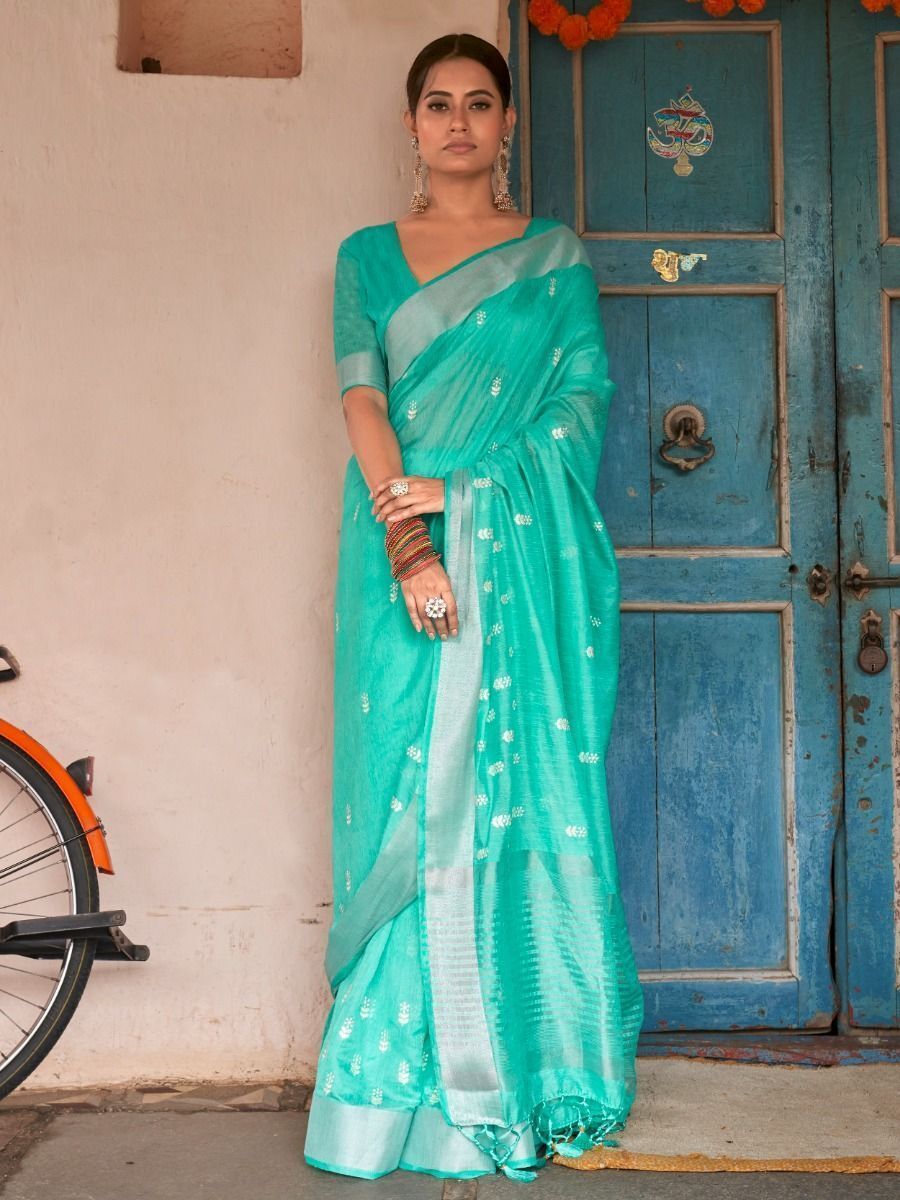 Fascinating Teal Green Embroidered Linen Event Wear Saree
