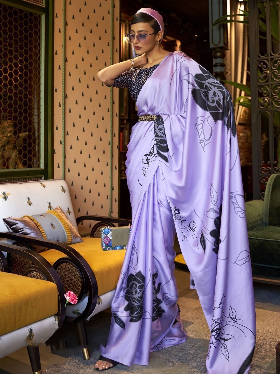 Attractive Purple Printed Satin Party Wear Saree With Blouse
