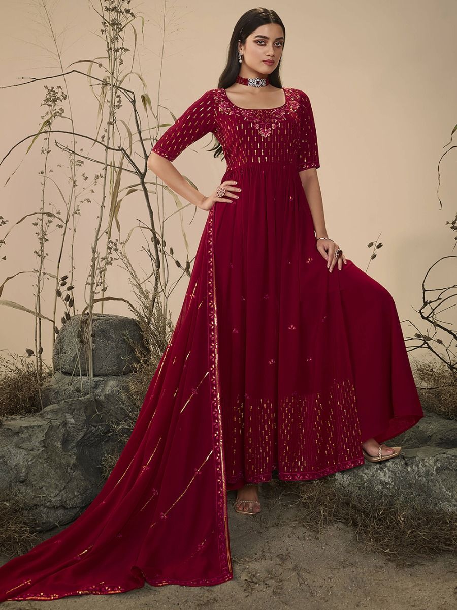 Attractive Maroon Sequins Georgette Ready-Made Palazzo Suit
