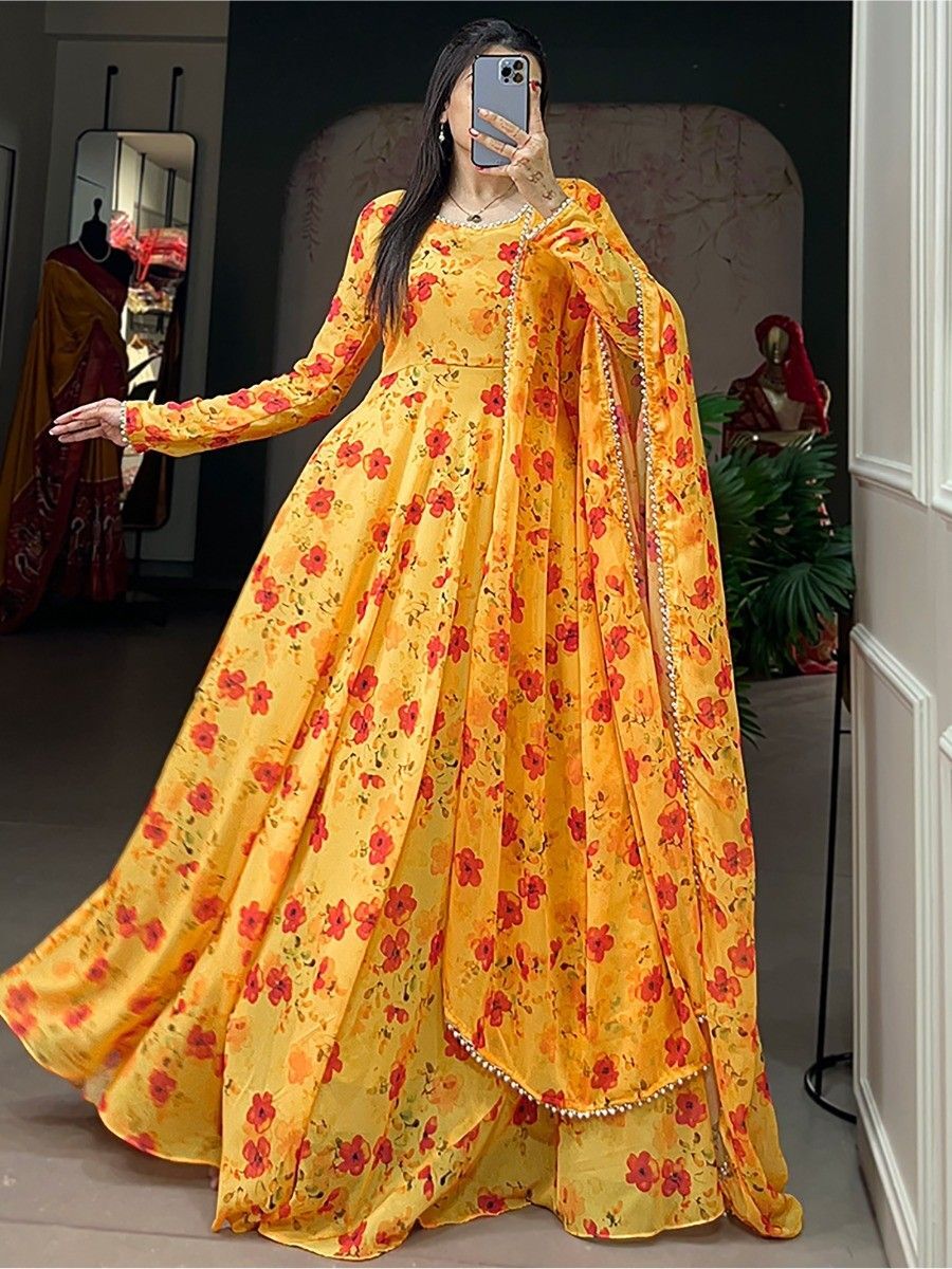 Fascinating Yellow Floral Printed Georgette Gown With Dupatta