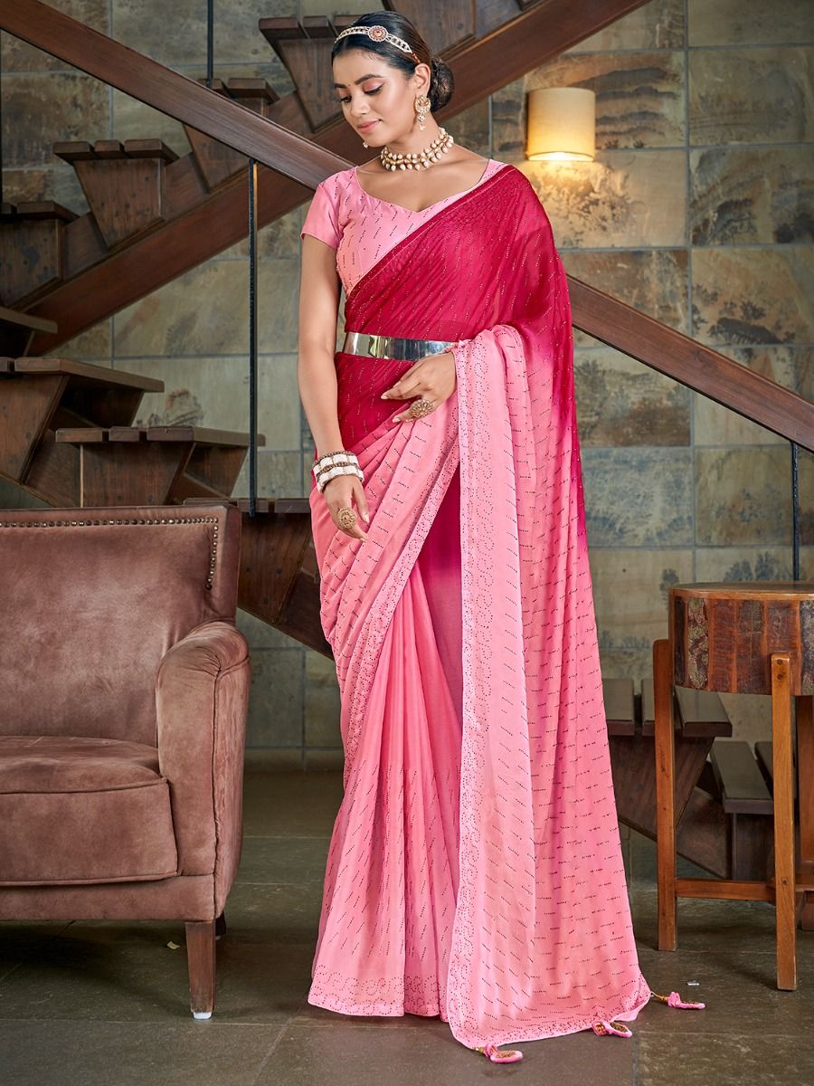 Fabulous Pink Diamond Work Rangoli Silk Party Wear Saree