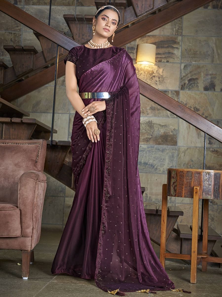 Amazing Purple Diamond Work Rangoli Silk Party Wear Saree