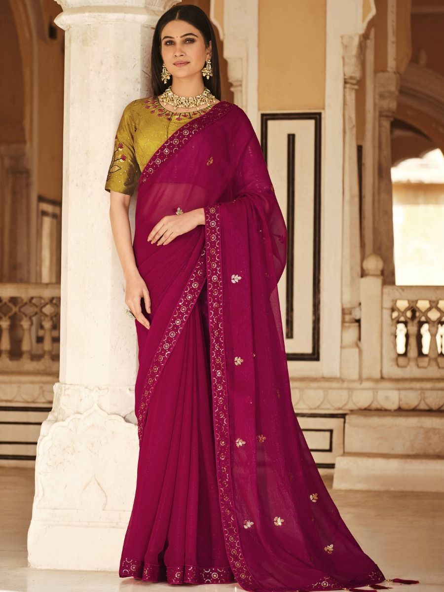 Gorgeous Rani Sequins Work Chinon Party Wear Saree With Blouse