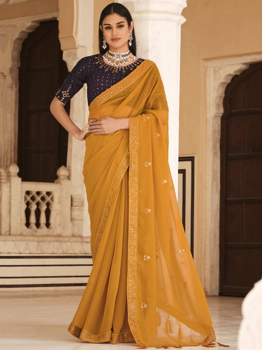Stunning Yellow Sequins Chinon Festival Wear Saree With Blouse