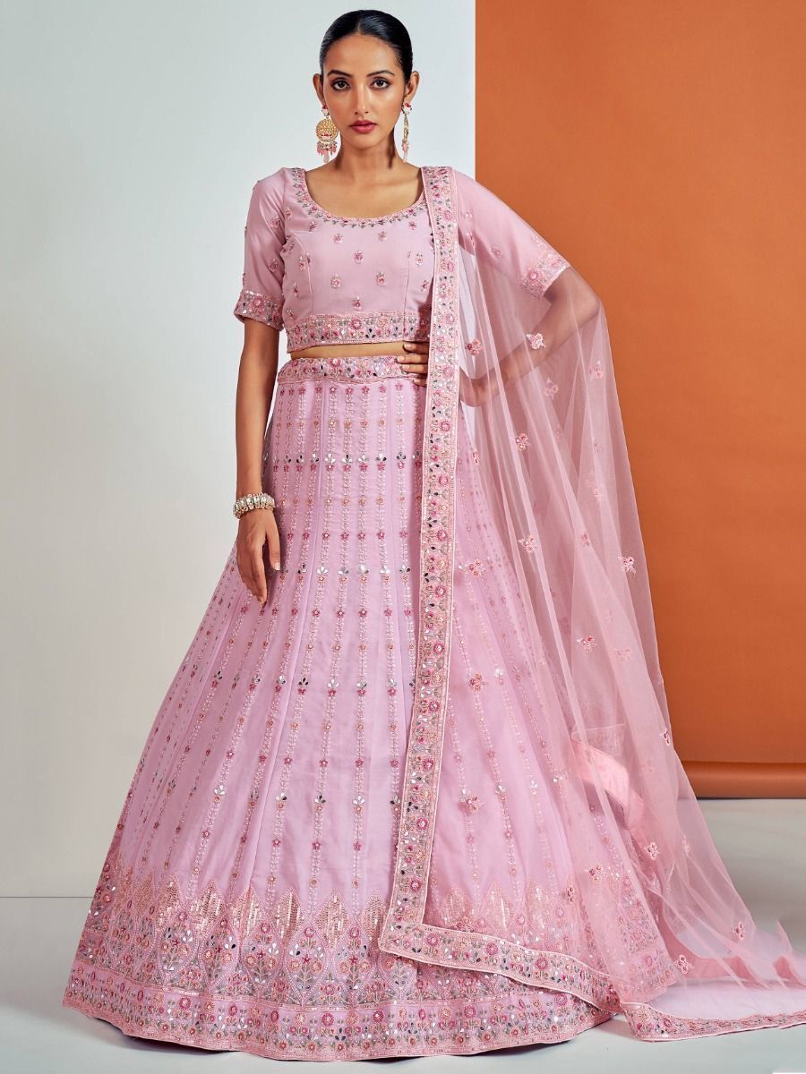 Charming Pink Sequin Georgette Wedding Wear Lehenga Choli With Dupatta