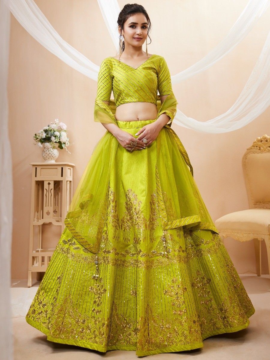 Wonderful Green Sequins Silk Mehendi Wear Lehenga Choli With Dupatta
