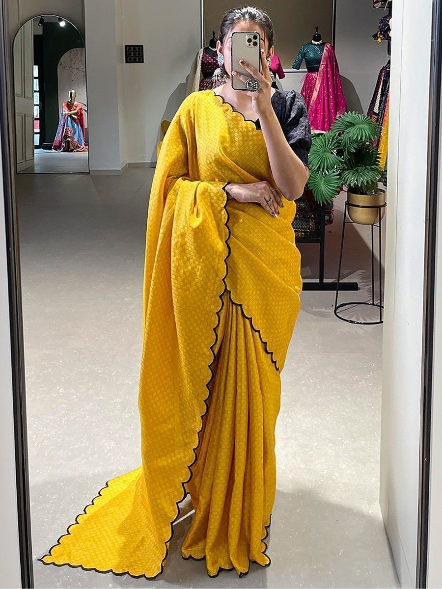 Incredible Yellow Arca Work Gadhawal Chex Traditional Saree
