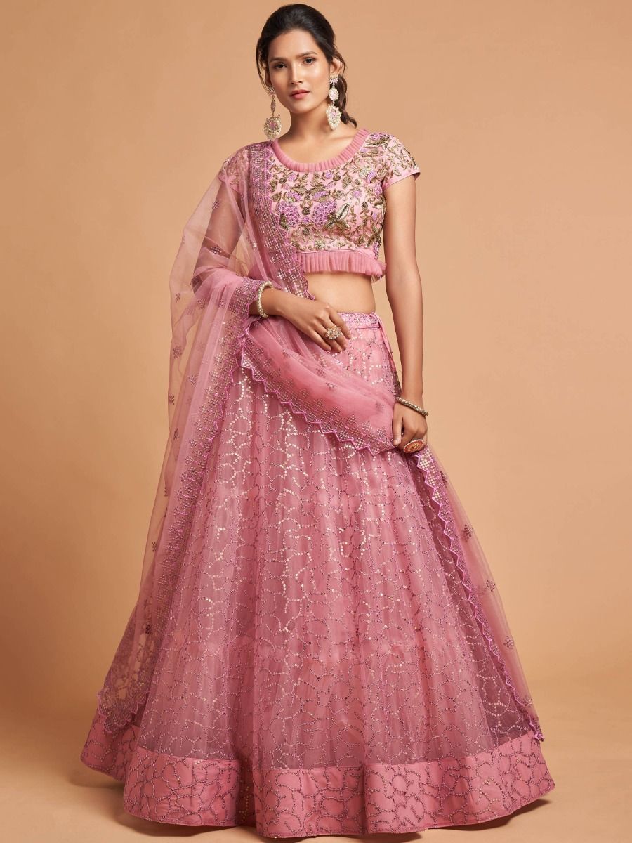 Buy Unique Blush Pink Thread Embroidered Net Party Wear Lehenga ...