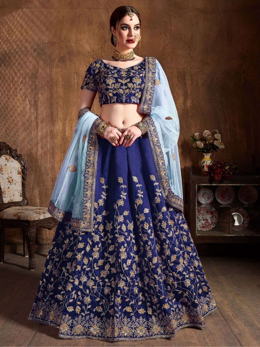 Beautiful Navy Blue Sequins Raw Silk Wedding Wear Lehenga Choli 