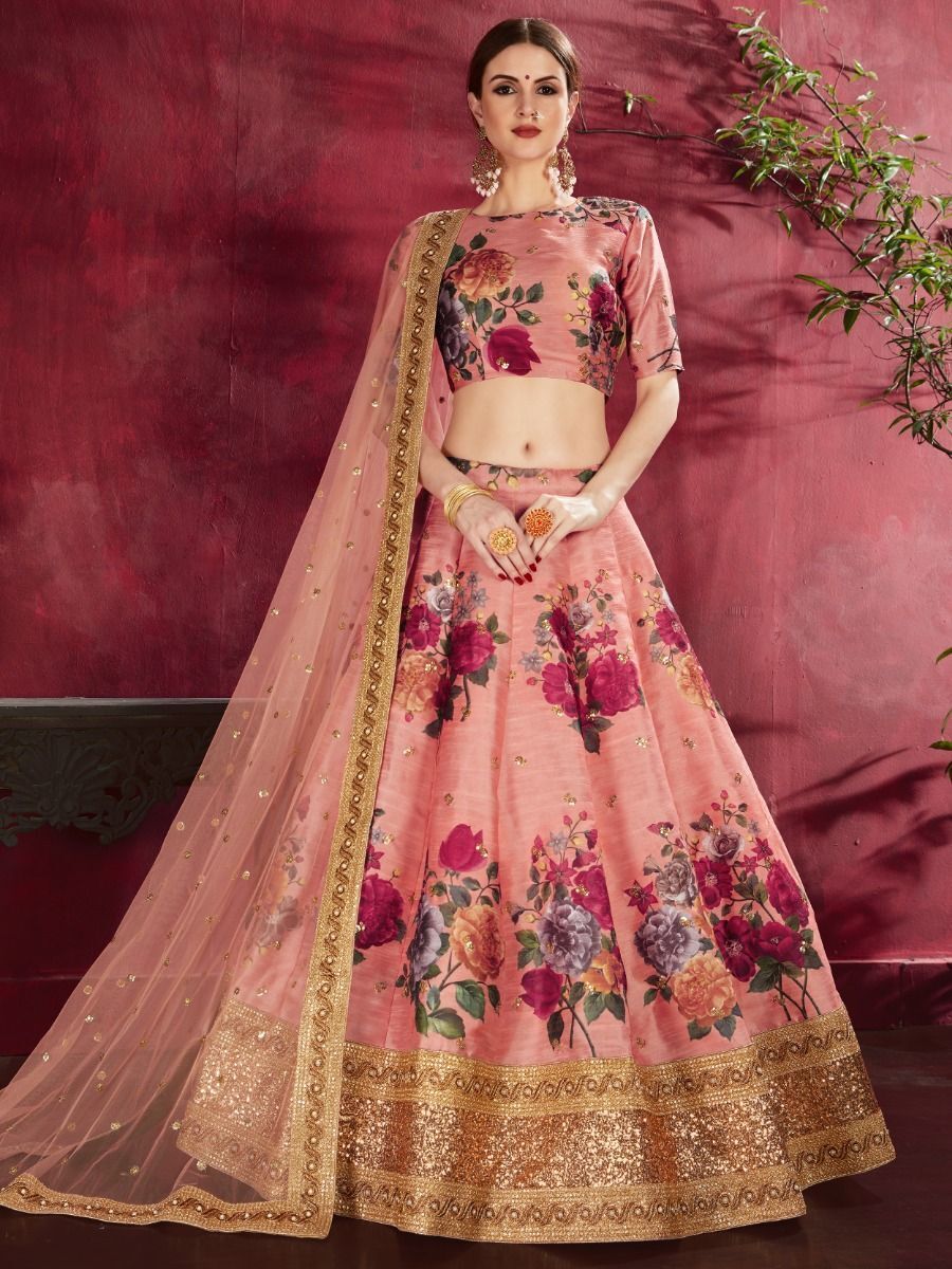 Peach Floral Print Banglori Silk Wedding Wear Lehenga Choli 