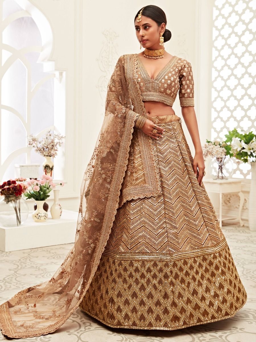 Outstanding Brown Embroidered Slub Silk Wedding Wear Lehenga Choli