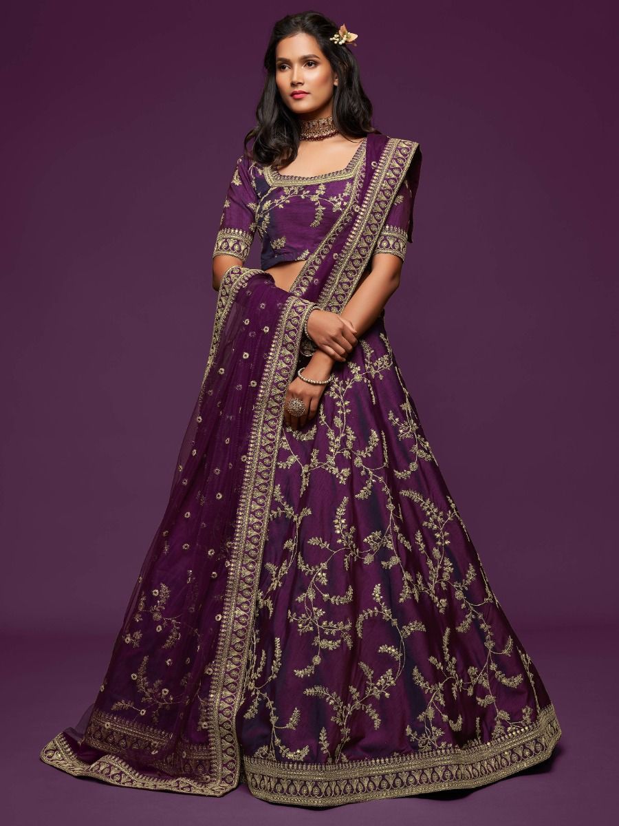 Pleasing Purple Thread Embroidery Art Silk Wedding Lehenga Choli