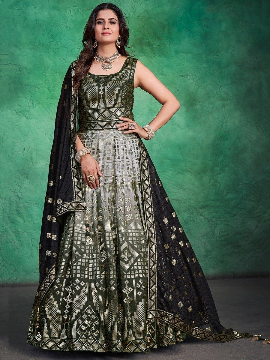 Beautiful Green Sequins Georgette Readymade Festival Wear Gown