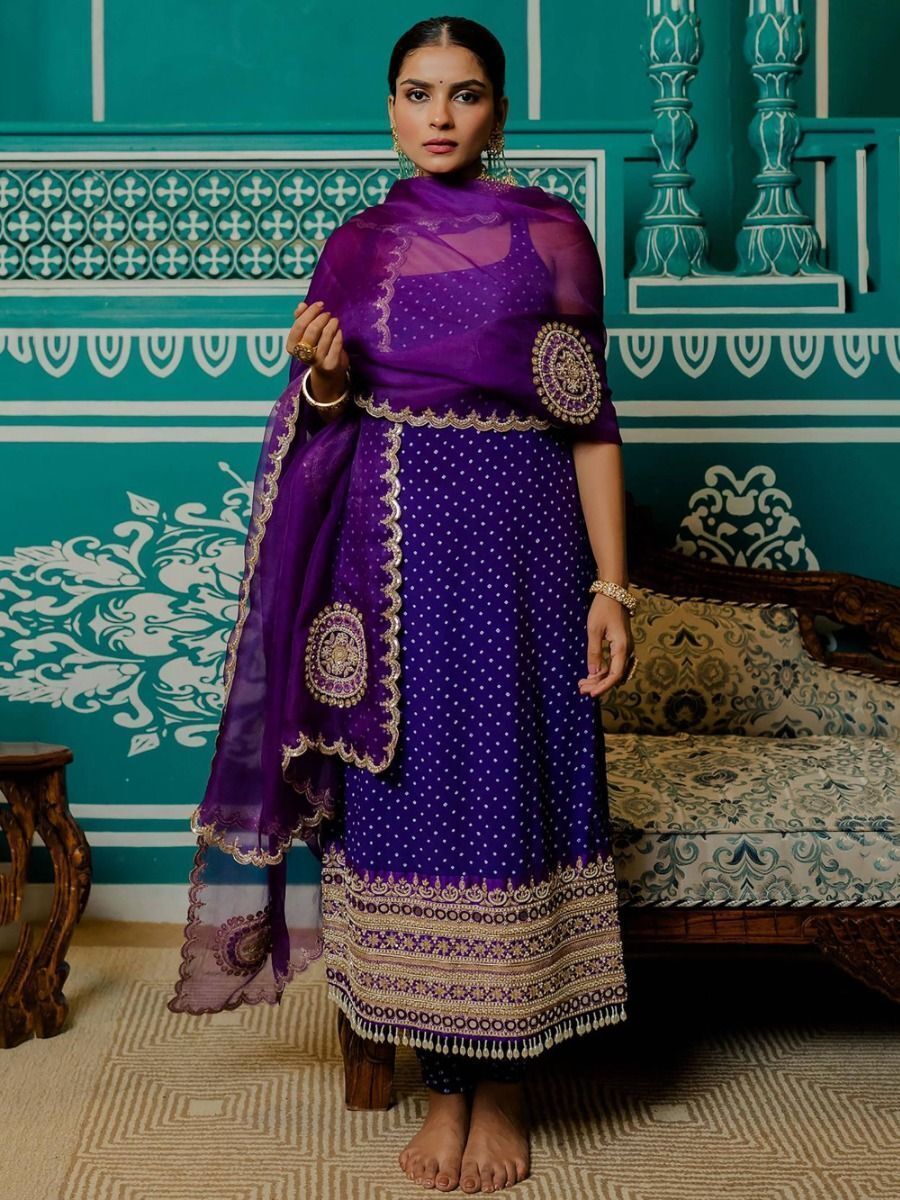 Alluring Purple Embroidered Satin Readymade Pant Suit With Dupatta