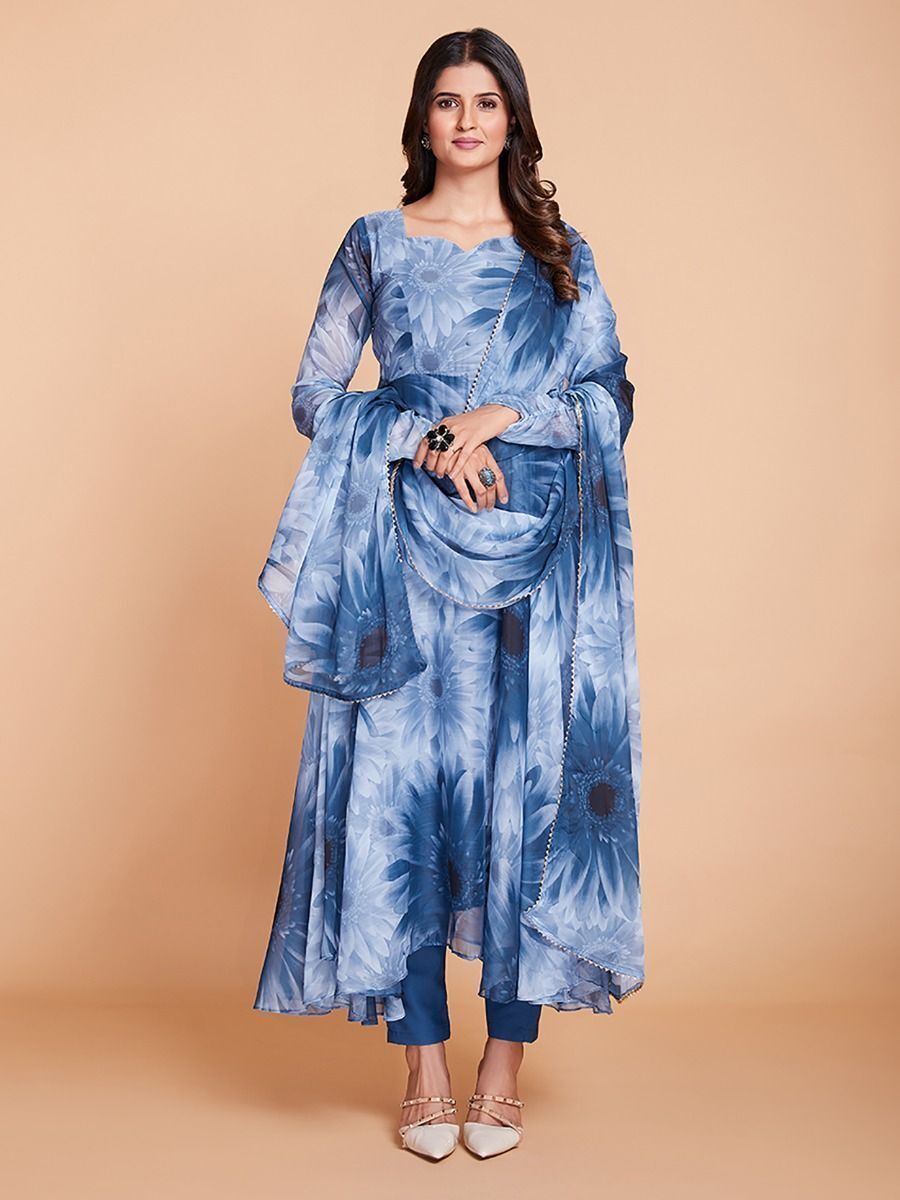 Stunning Blue And White Printed Salwar Suit
