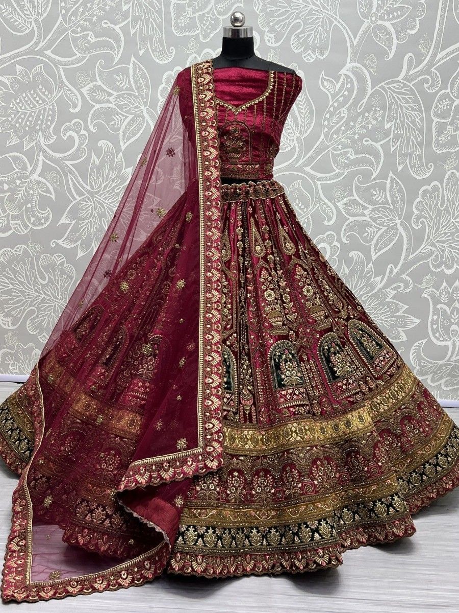 Amazing Rani Pink Multi-Thread Work Velvet Bridal Lehenga Choli