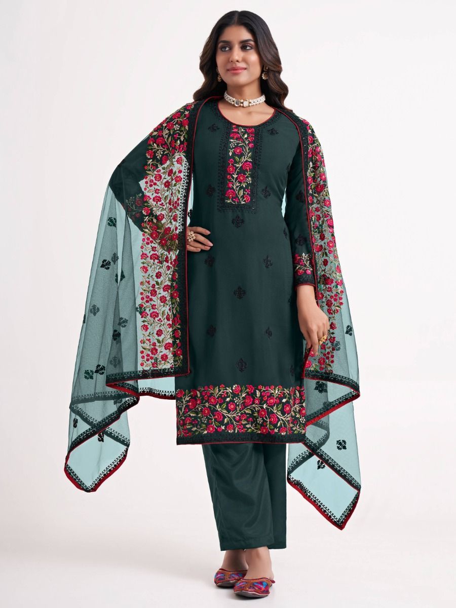 Superb Green Thread Embroidered Georgette Salwar Suit