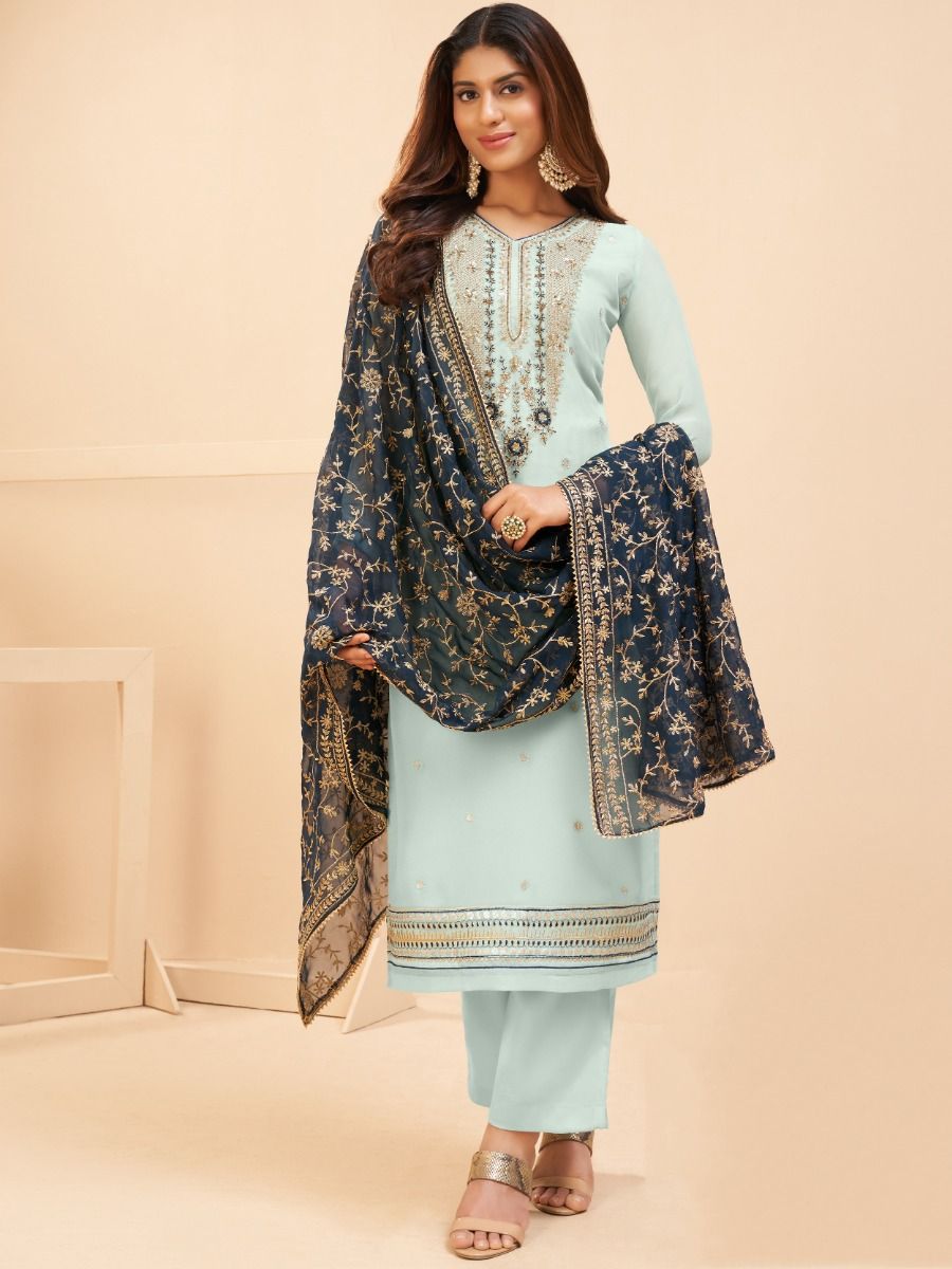 Special Blue Thread Embroidery Georgette Festival Wear Salwar Suit