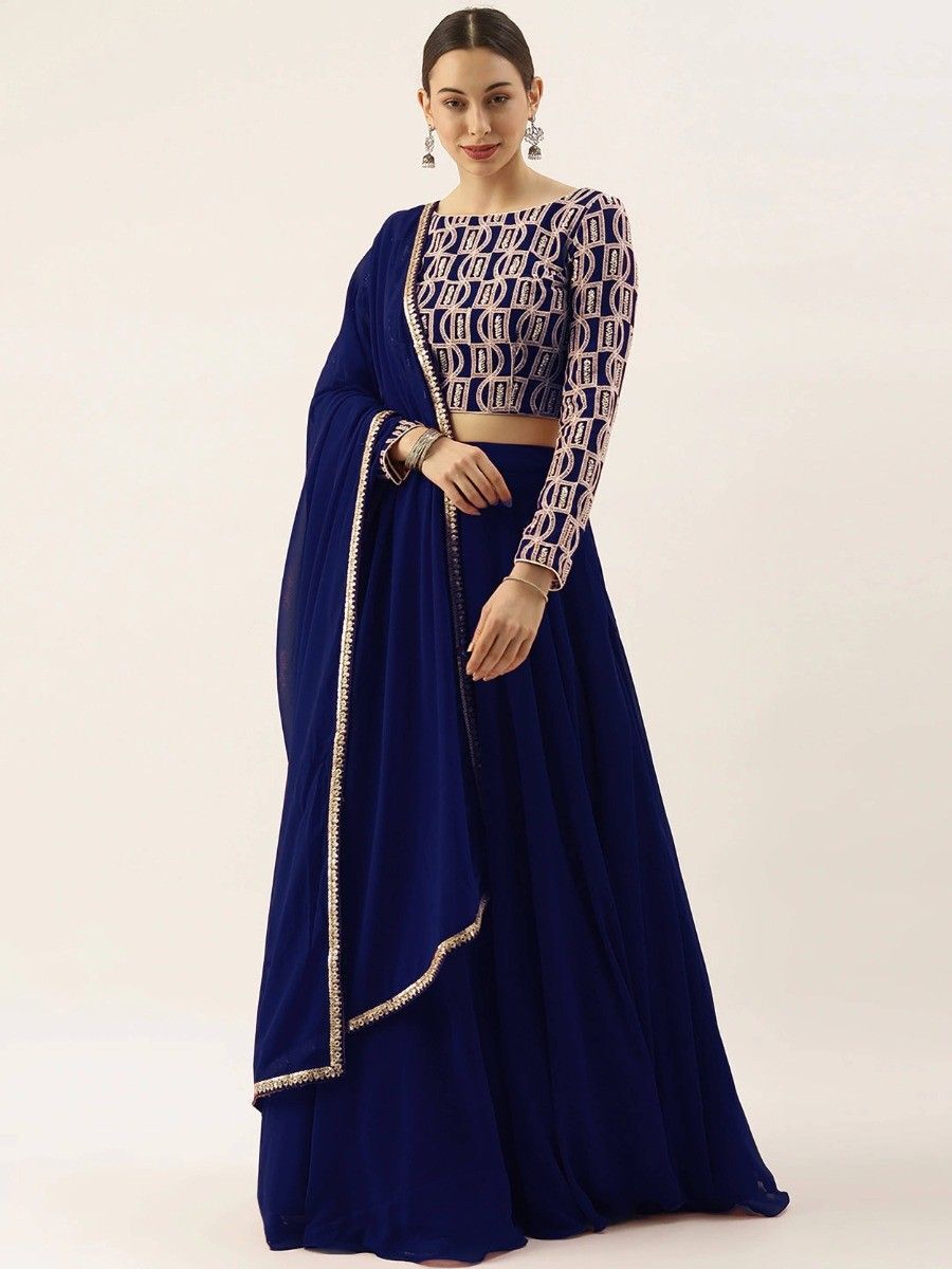 Charming Blue Thread Work Georgette Sangeet Wear Lehenga Choli