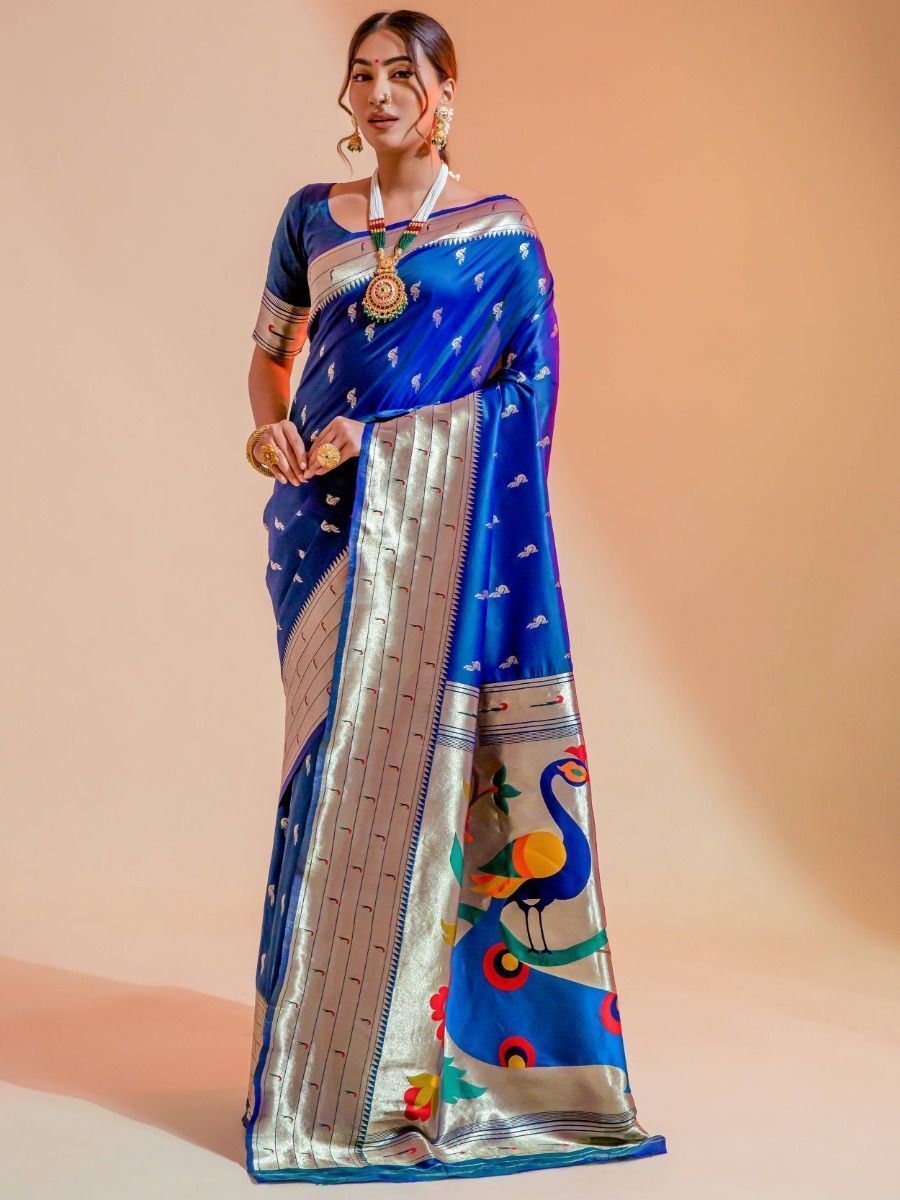 Gorgeous Blue Woven Paithani Silk Reception Wear Saree With Blouse 