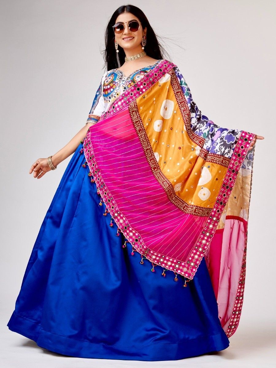Beautiful Blue Mirror Work Silk Navratri Wear Lehenga Choli With Dupatta