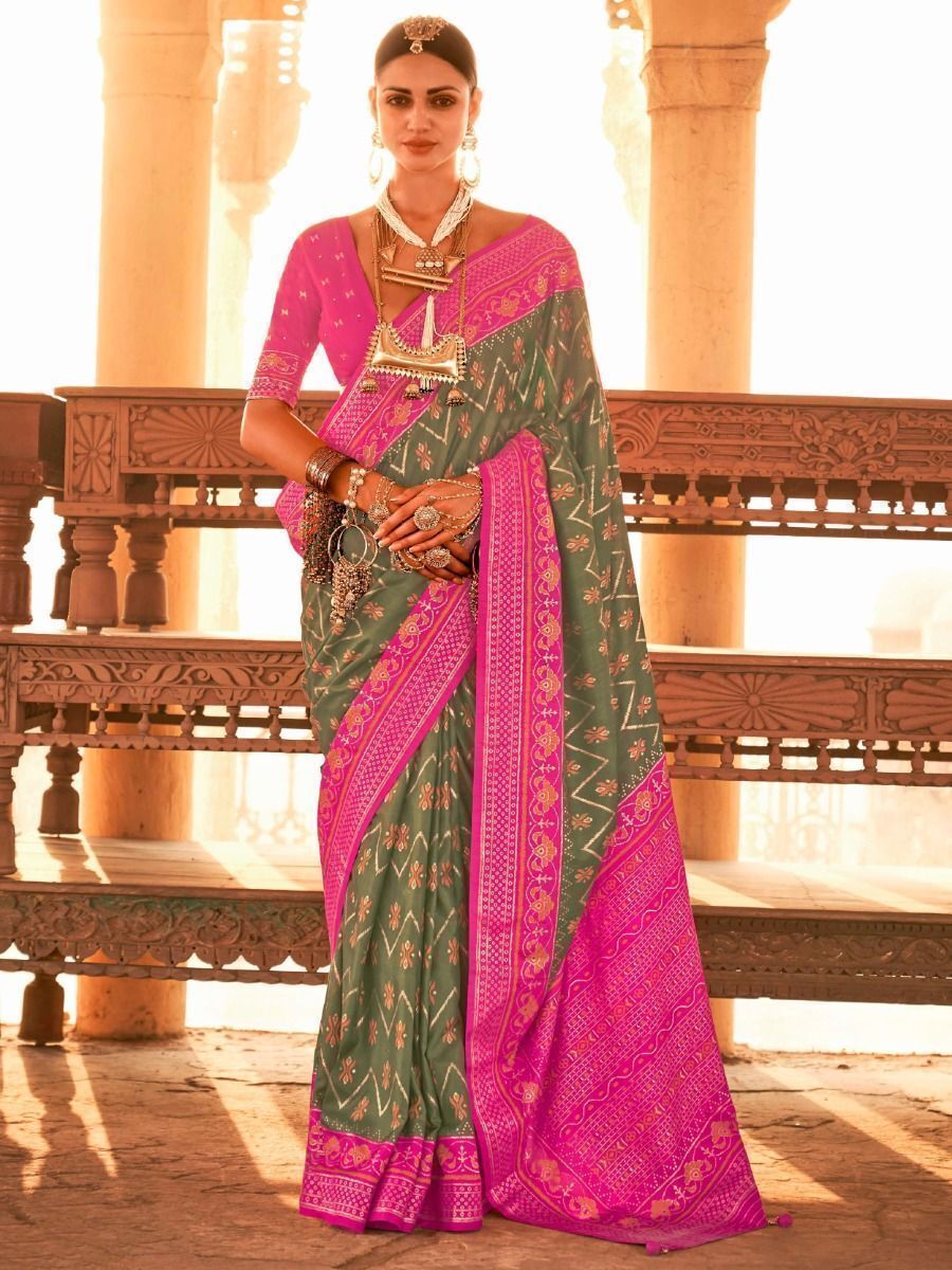 Exquisite Green Gold Printed Silk Wedding Wear Saree