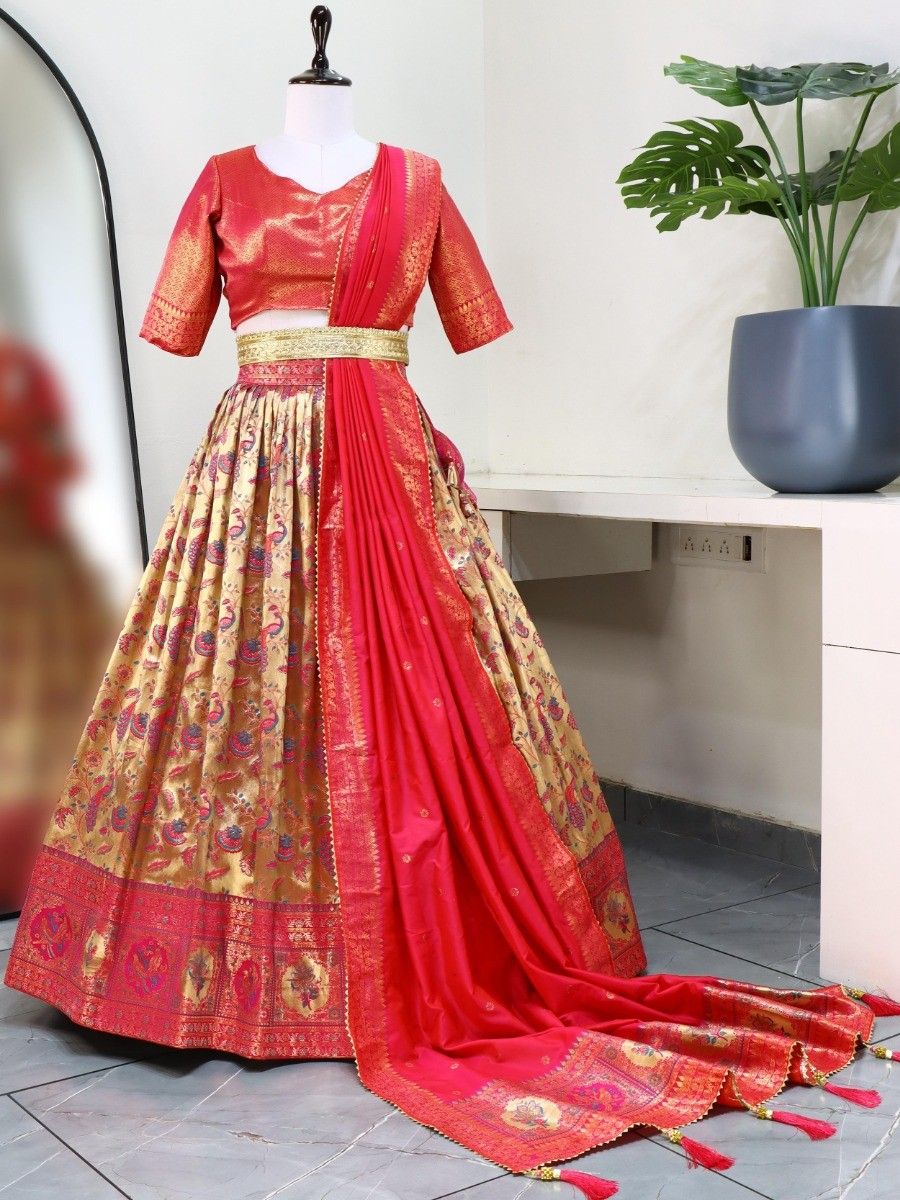 Stunning Pink Zari Woven Paithani Silk Reception Wear Lehenga Choli