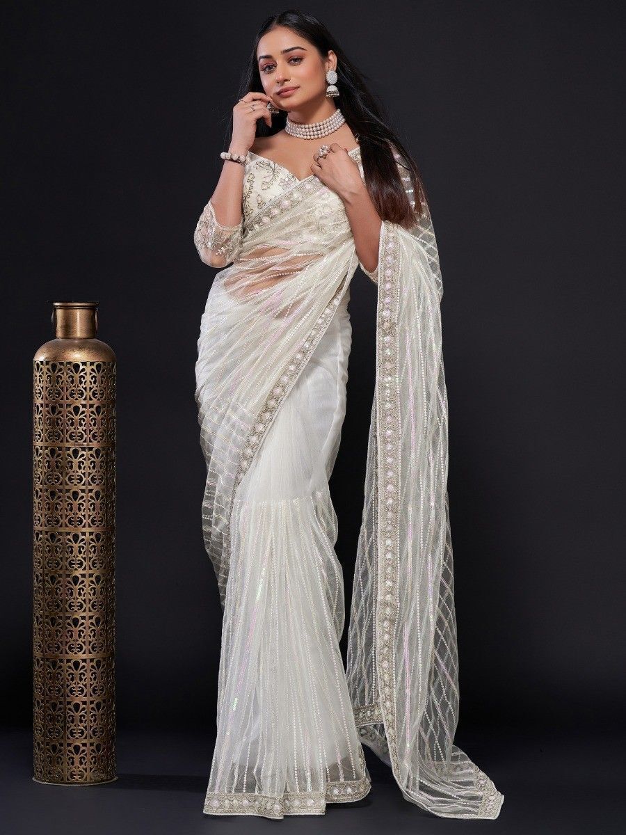 Fascinating White Sequins Net Party Wear Saree With Blouse