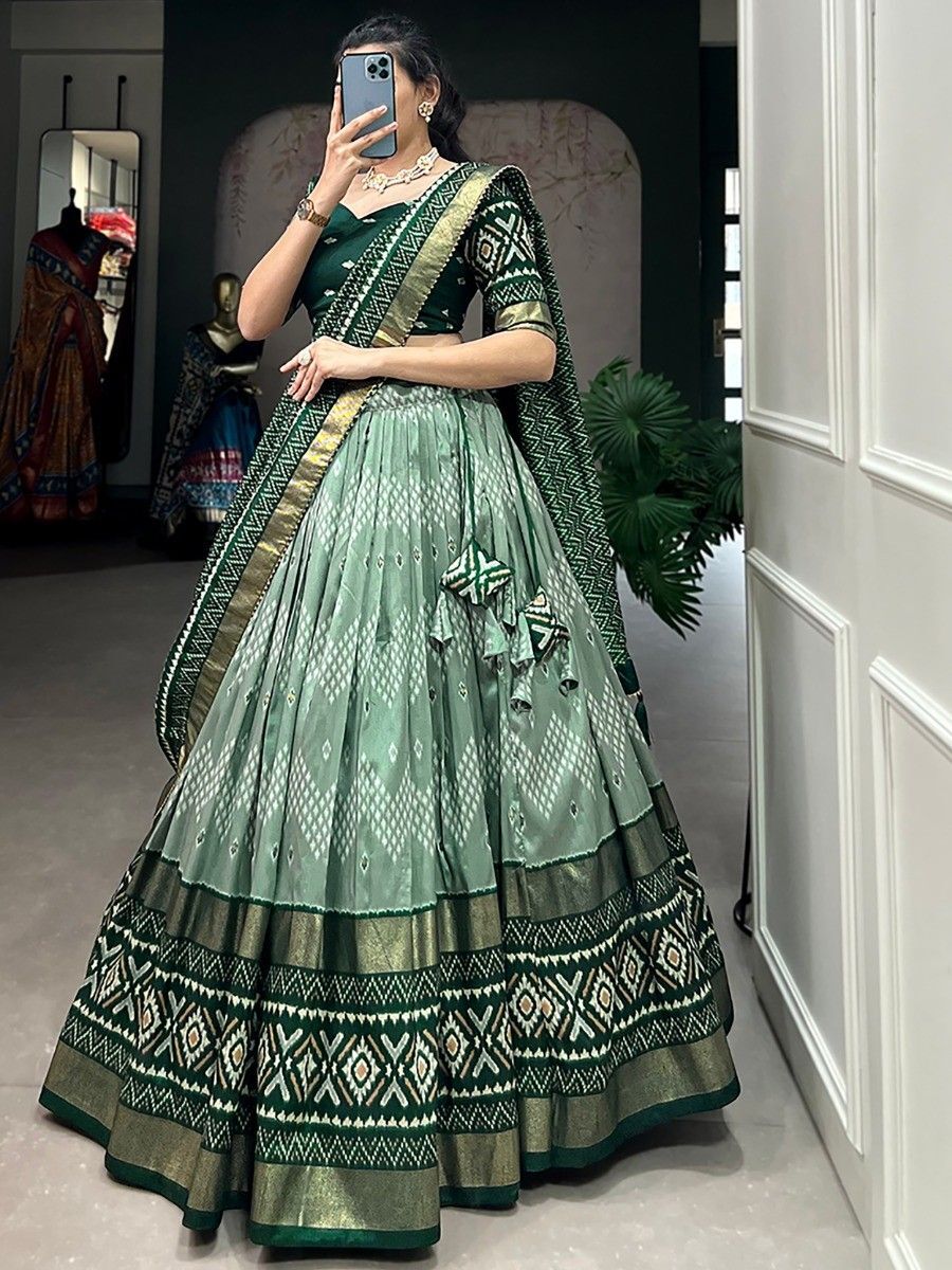 Splendid Green Ikat Print Silk Mehendi Wear Lehenga Choli