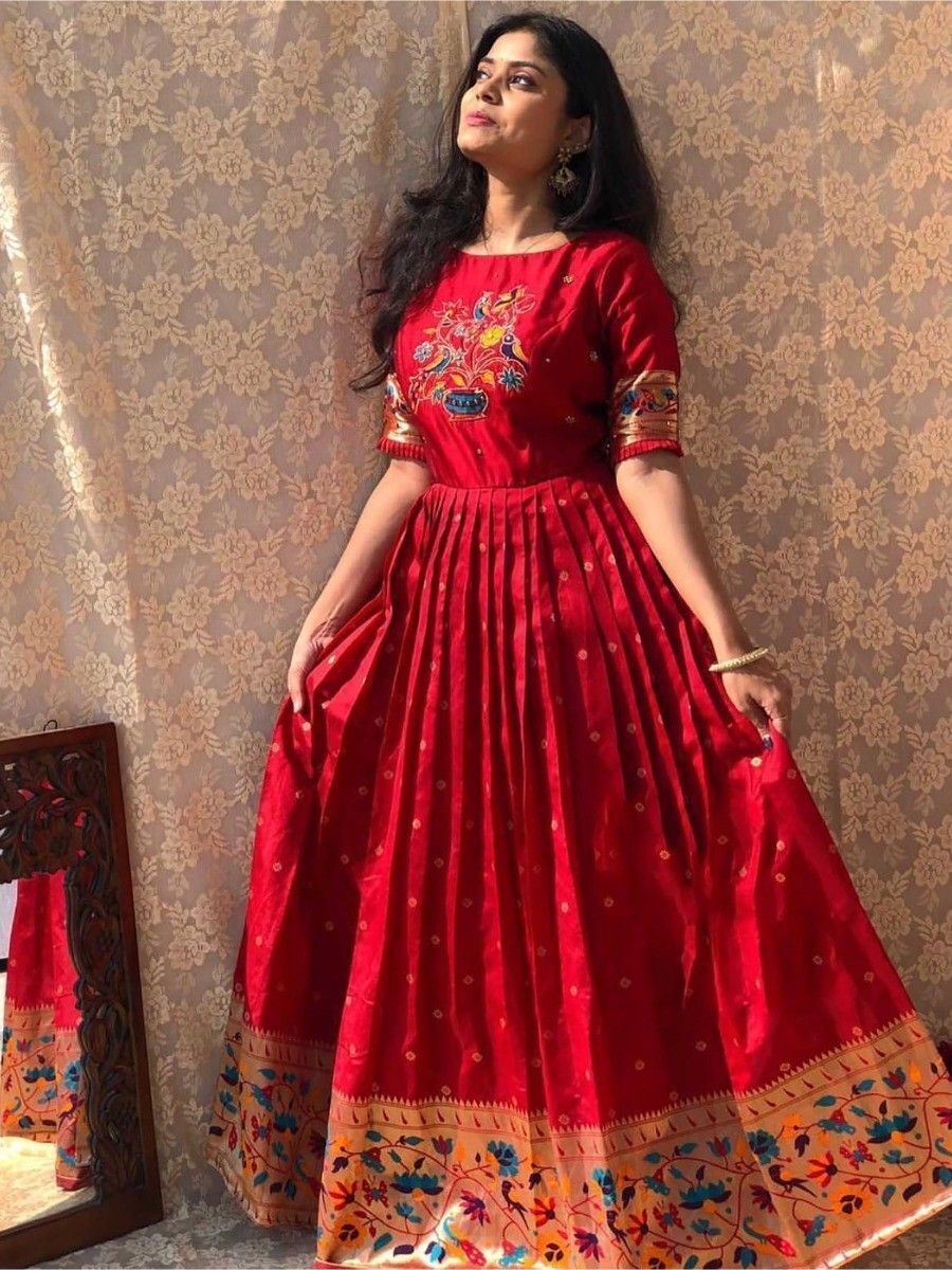Astonishing Red Zari Weaving Banarasi Silk Festival Wear Gown