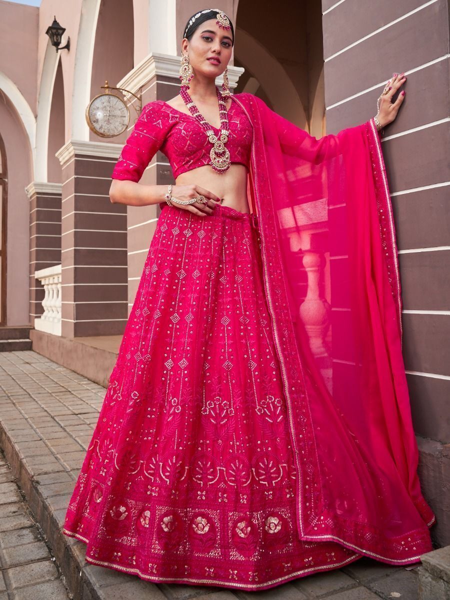 Lovely Rani Pink Lucknowi Georgette Wedding Wear Lehenga Choli 
